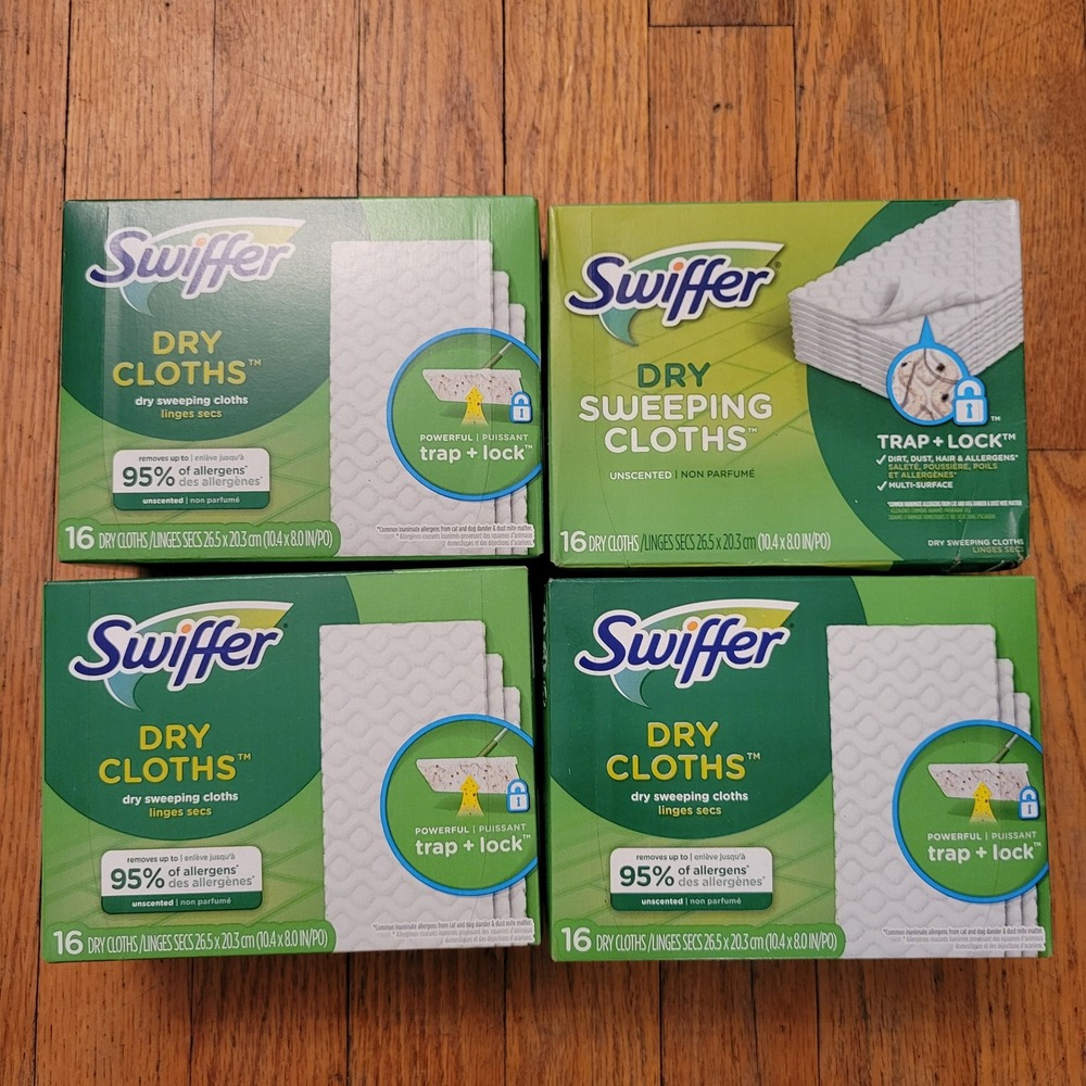 4 Swiffer 16ct Dry Sweeping Dry Cloths White Unscented Trap Lock Refills NEW